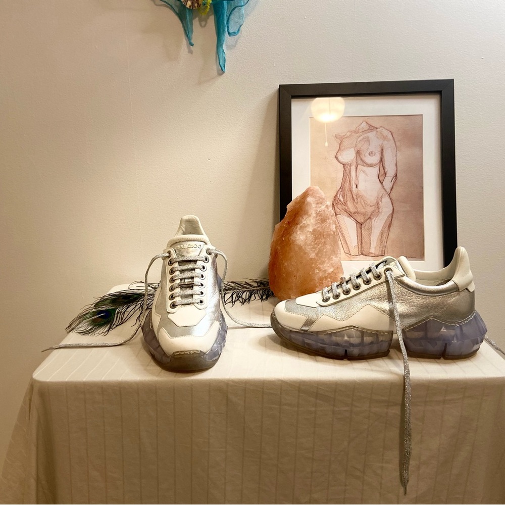 JIMMY CHOO
Silver Leather Sneakers with Rubber Diamond Outsole